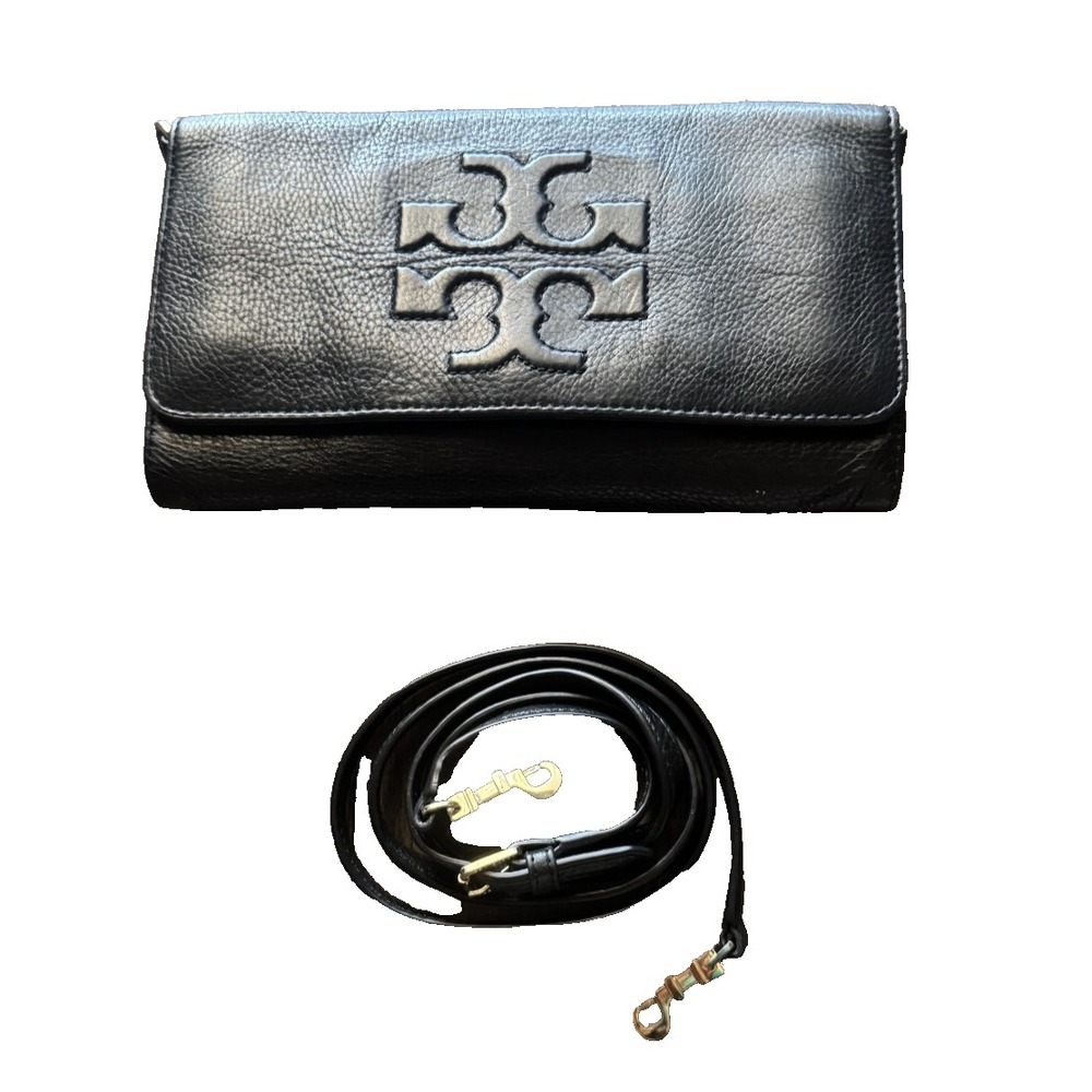 Tory Burch Crossbody purse clutch Black pebble leather Gold Logo Accent bag